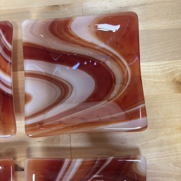 Set of 4 White Orange Red Fused Art Glass Trays 6" by 6" - Picture 5 of 15